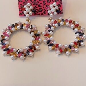 Betsey Johnson Crystal Pearl Geometric Dangle Earrings